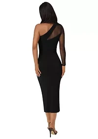 One Shoulder Mesh Insert Midi Dress