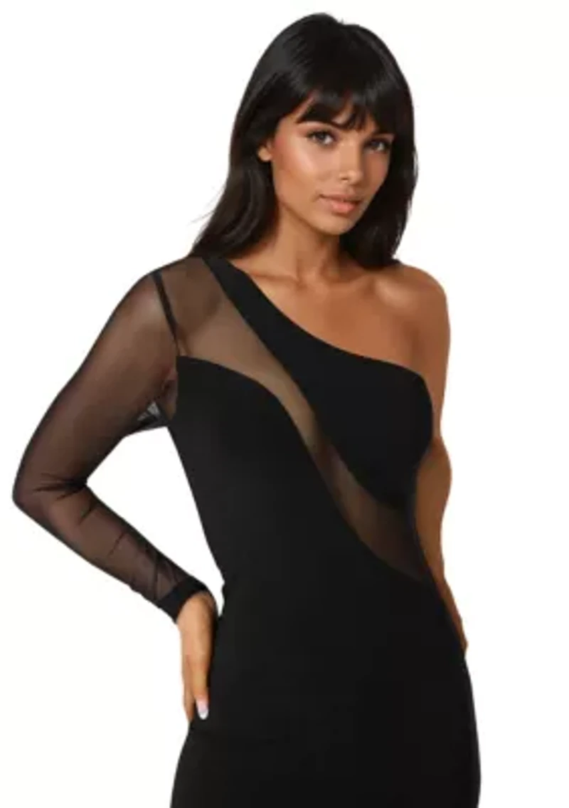 One Shoulder Mesh Insert Midi Dress