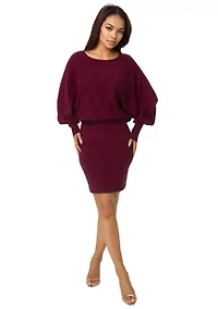 Scoop Neck Blouson Sweater Midi Dress