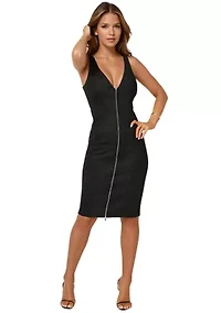 Faux Suede Zip Front Pencil Dress
