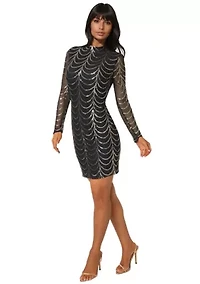 Sequins Mesh Mock Neck Mini Dress