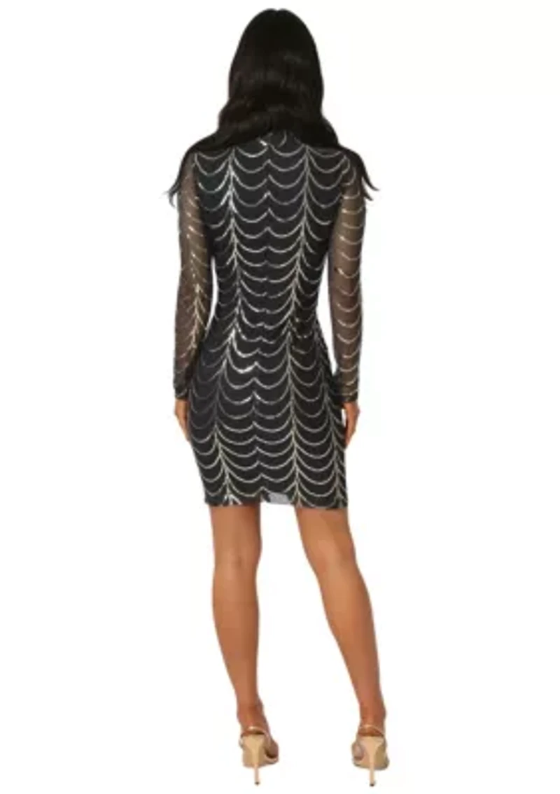 Sequins Mesh Mock Neck Mini Dress
