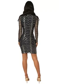 Sequins Mesh Mock Neck Mini Dress