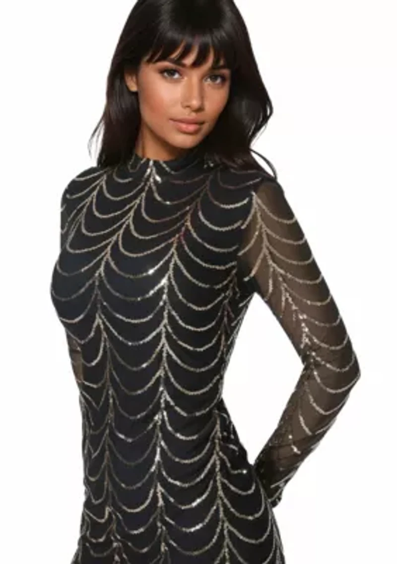 Sequins Mesh Mock Neck Mini Dress