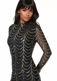 Sequins Mesh Mock Neck Mini Dress