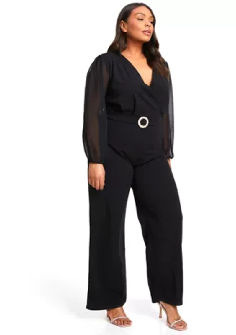 Women's Chiffon Sleeve Belted Jumpsuit