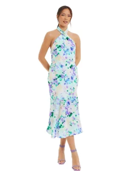 Women's Floral Crepe Halter Neck Midi Dress