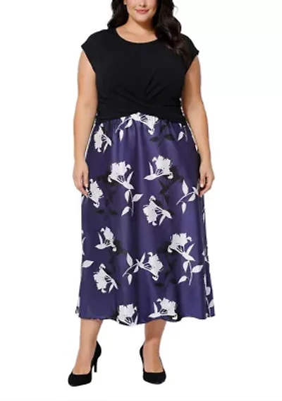 KNIT TWIST TOP W/ PRINT SATIN MAXI 2FER DRESS