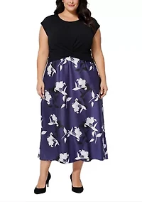 KNIT TWIST TOP W/ PRINT SATIN MAXI 2FER DRESS