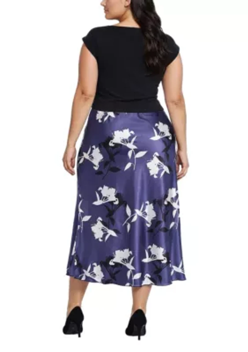 KNIT TWIST TOP W/ PRINT SATIN MAXI 2FER DRESS