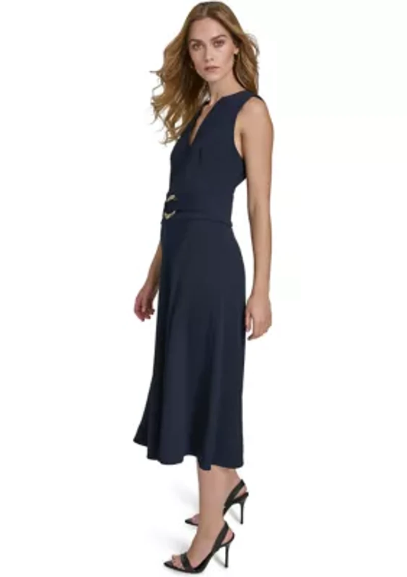 Women's Sleeveless V-Neck Belted Midi Fit and Flare Dress