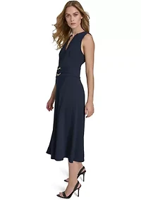 Women's Sleeveless V-Neck Belted Midi Fit and Flare Dress