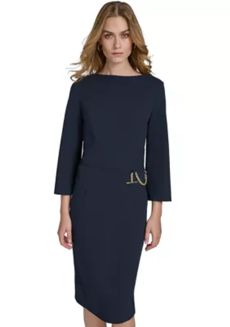 Women's 3/4 Sleeve Wide Boat Neck Belted Midi Sheath Dress