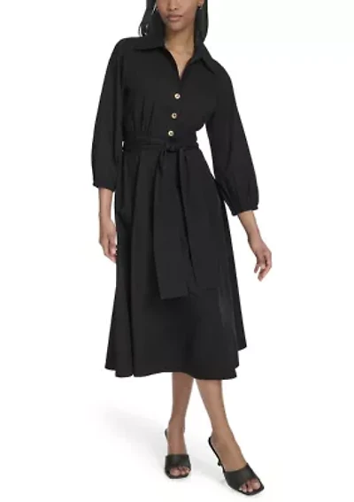 Women's Long Sleeve Collar Neck Solid A-Line Dress