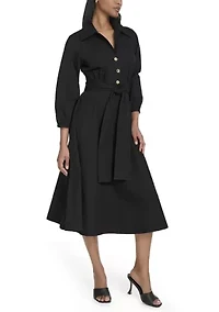 Women's Long Sleeve Collar Neck Solid A-Line Dress