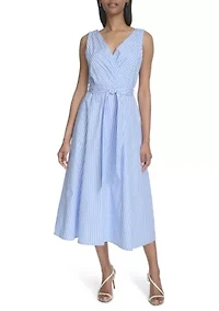 Women's Sleeveless V-Neck Stripe Print Tie Waist A-Line Dress