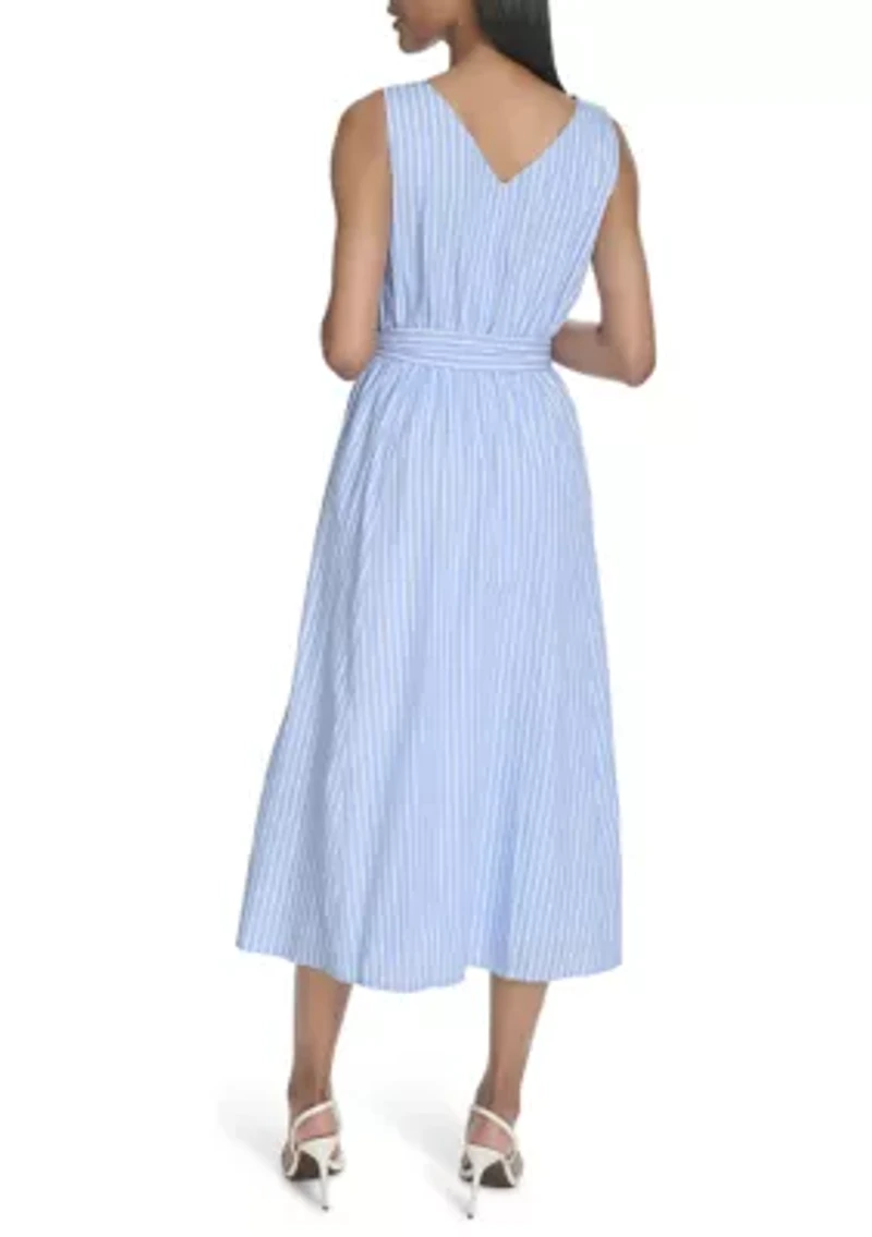 Women's Sleeveless V-Neck Stripe Print Tie Waist A-Line Dress