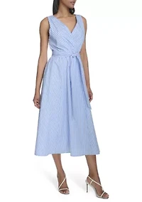 Women's Sleeveless V-Neck Stripe Print Tie Waist A-Line Dress