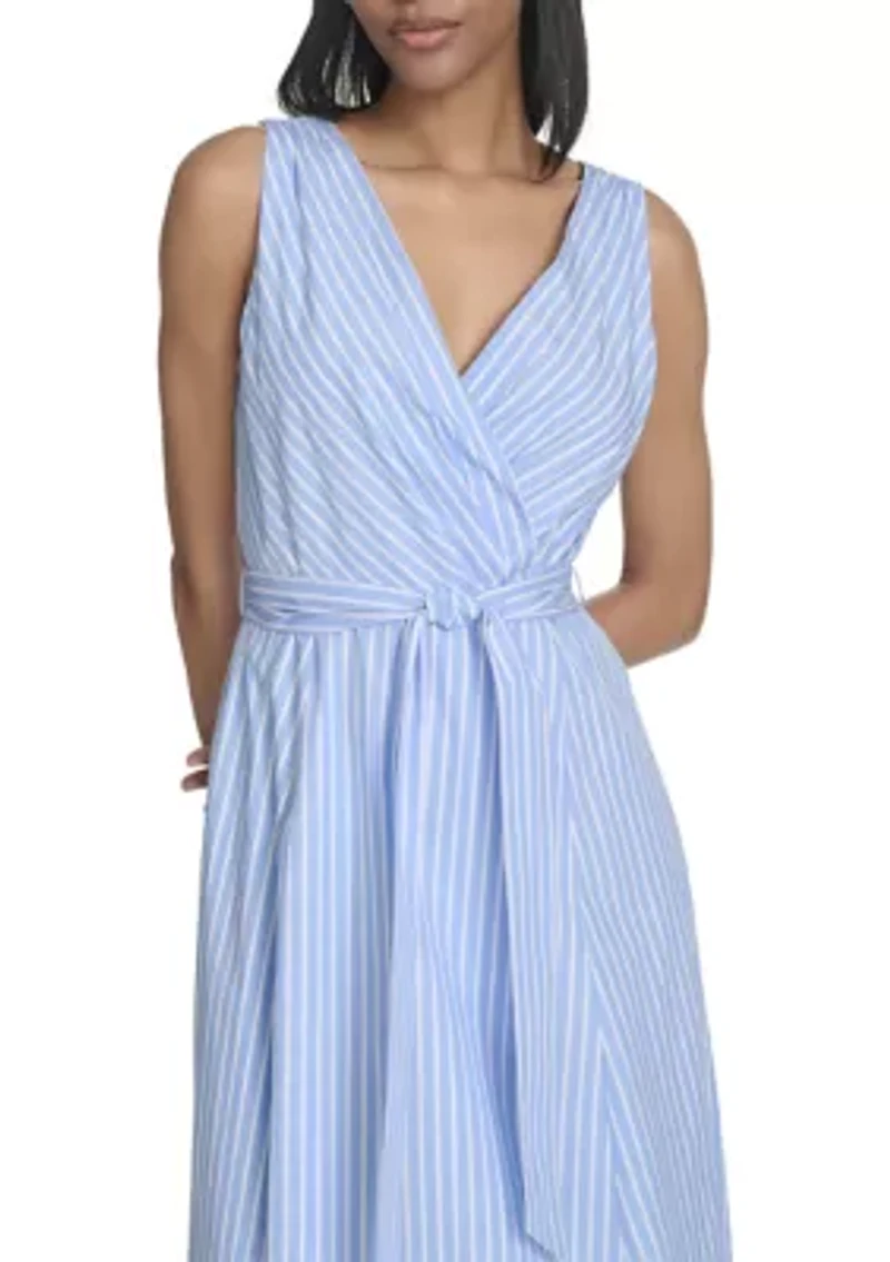 Women's Sleeveless V-Neck Stripe Print Tie Waist A-Line Dress