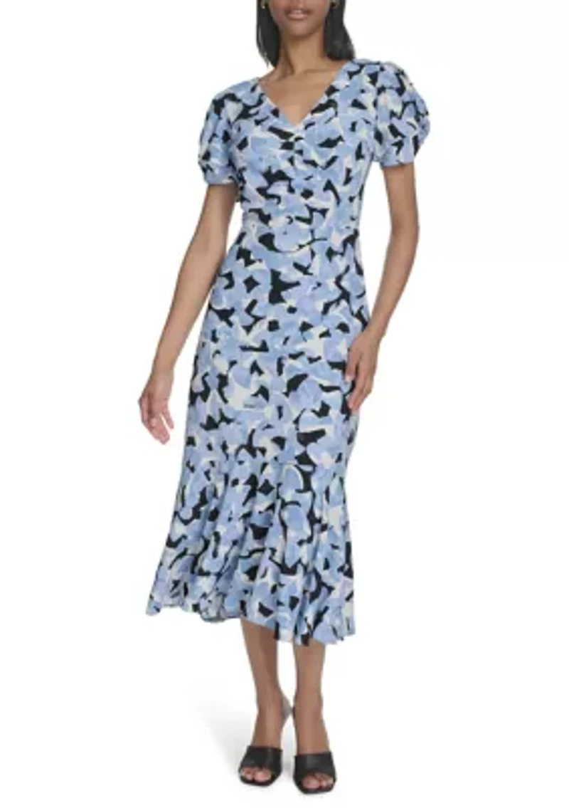 Women's Short Sleeve V-Neck Floral Print A-Line Dress