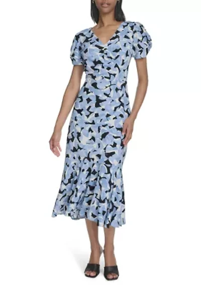 Women's Short Sleeve V-Neck Floral Print A-Line Dress