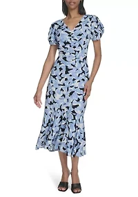 Women's Short Sleeve V-Neck Floral Print A-Line Dress