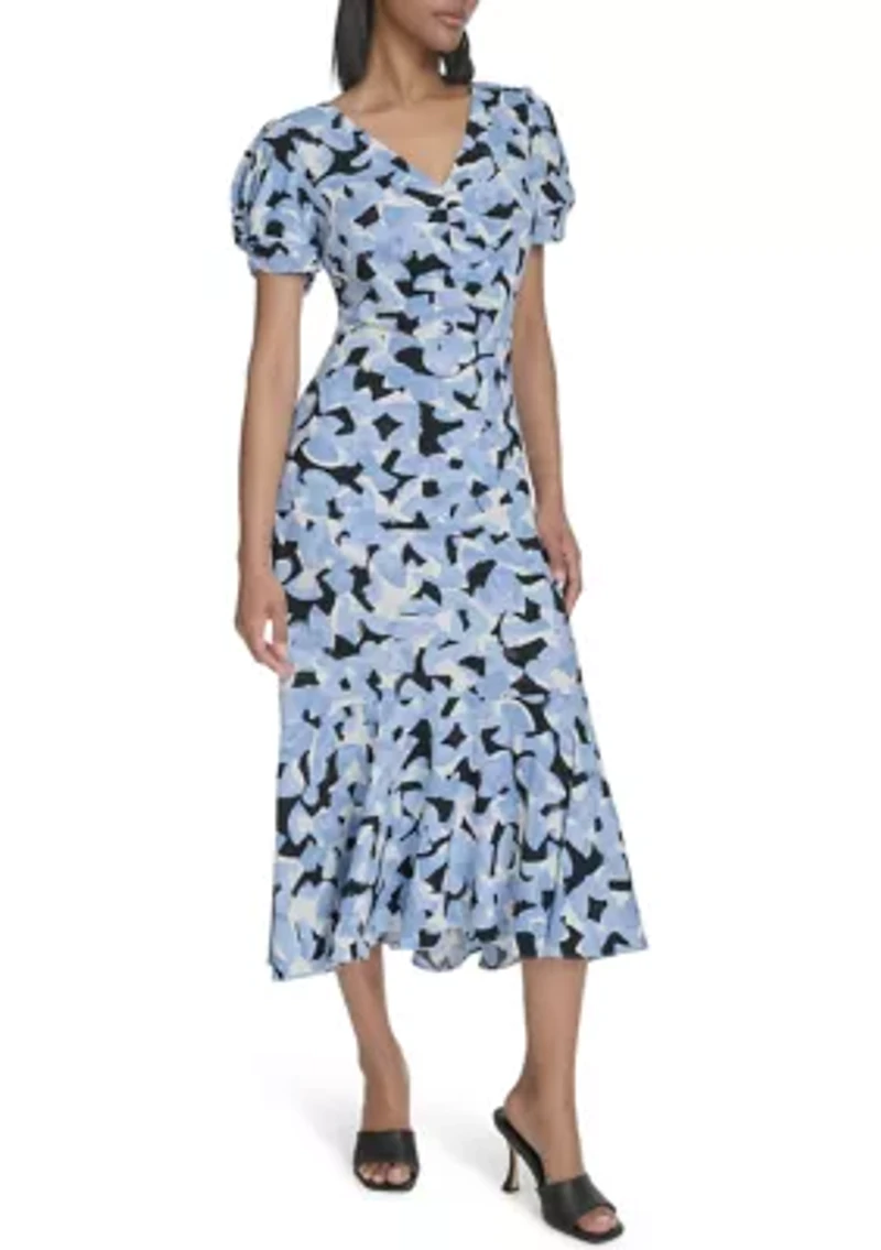 Women's Short Sleeve V-Neck Floral Print A-Line Dress