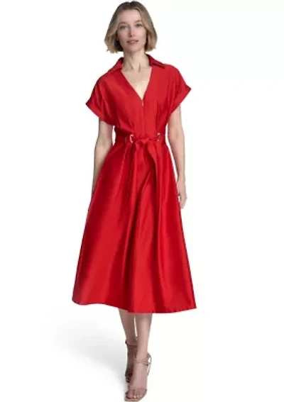 Women's Short Sleeve Collar Neck Solid Belted Shirtdress