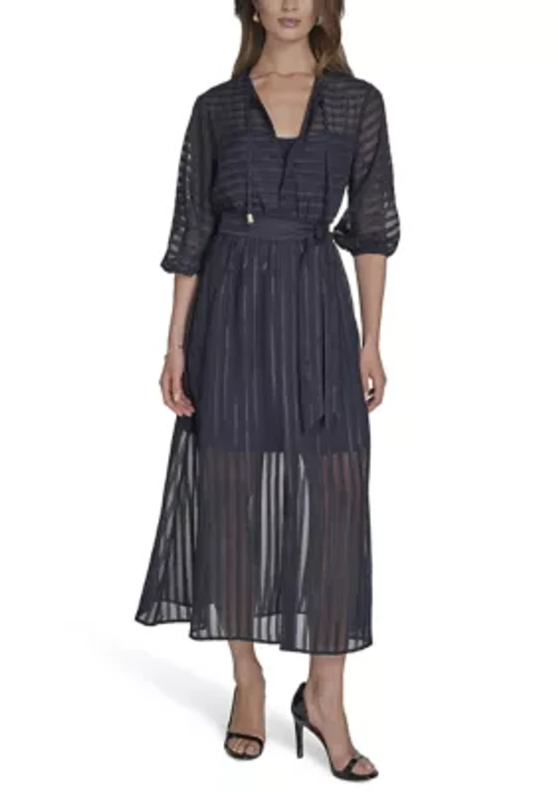 Women's 3/4 Sleeve Solid Belted Midi Dress