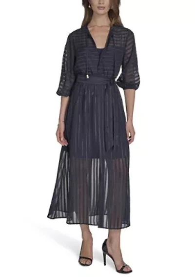 Women's 3/4 Sleeve Solid Belted Midi Dress