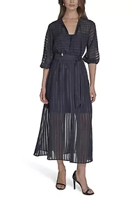Women's 3/4 Sleeve Solid Belted Midi Dress