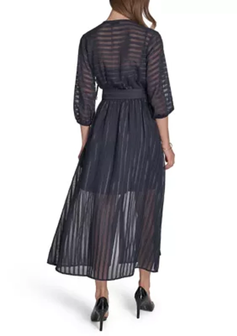 Women's 3/4 Sleeve Solid Belted Midi Dress