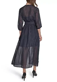 Women's 3/4 Sleeve Solid Belted Midi Dress