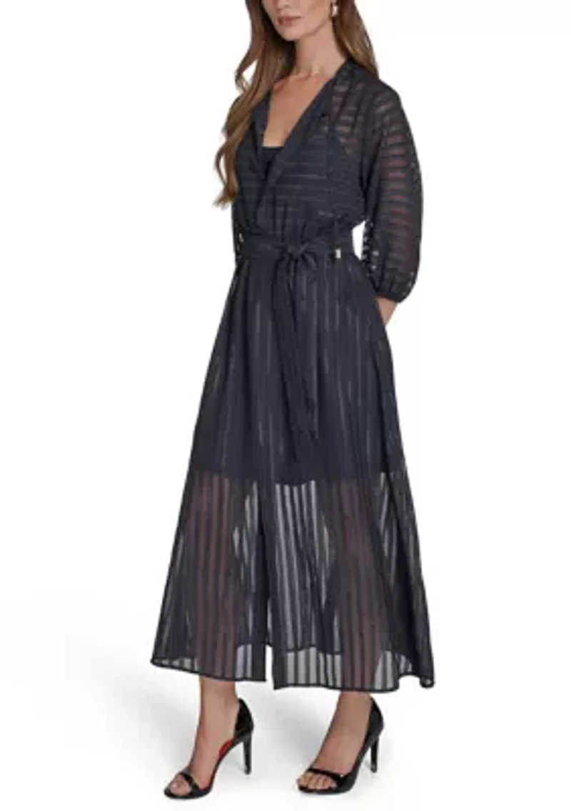 Women's 3/4 Sleeve Solid Belted Midi Dress
