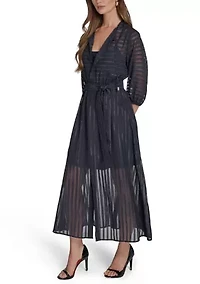 Women's 3/4 Sleeve Solid Belted Midi Dress