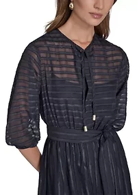 Women's 3/4 Sleeve Solid Belted Midi Dress