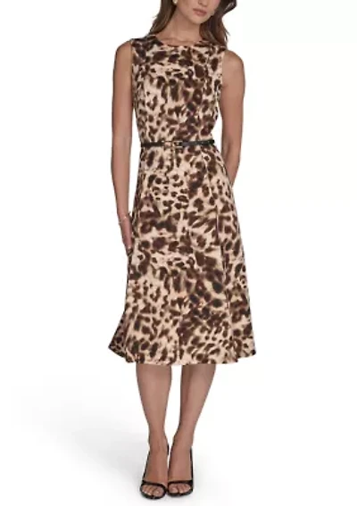 Women's Sleeveless Crew Neck Animal Print Midi Dress