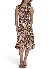 Women's Sleeveless Crew Neck Animal Print Midi Dress