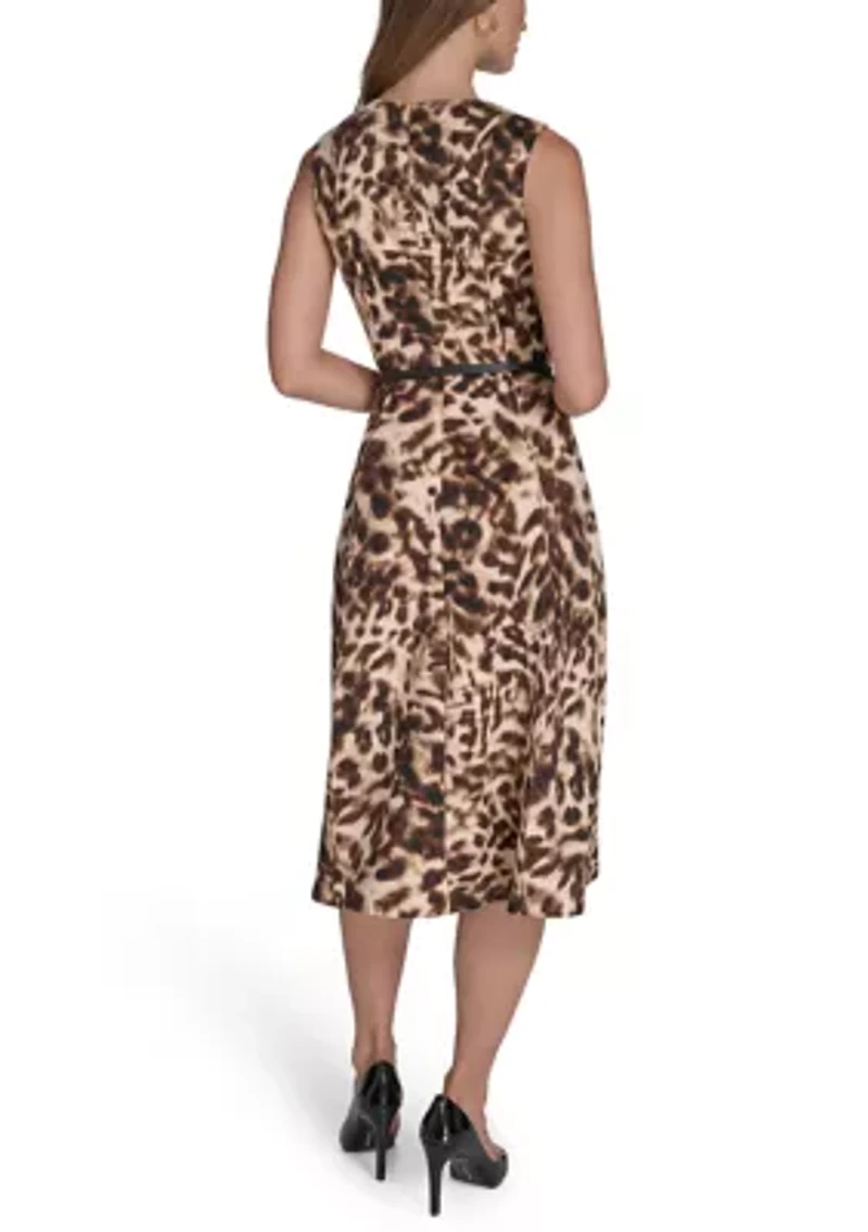 Women's Sleeveless Crew Neck Animal Print Midi Dress