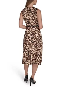 Women's Sleeveless Crew Neck Animal Print Midi Dress