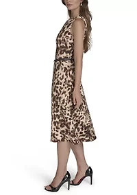 Women's Sleeveless Crew Neck Animal Print Midi Dress