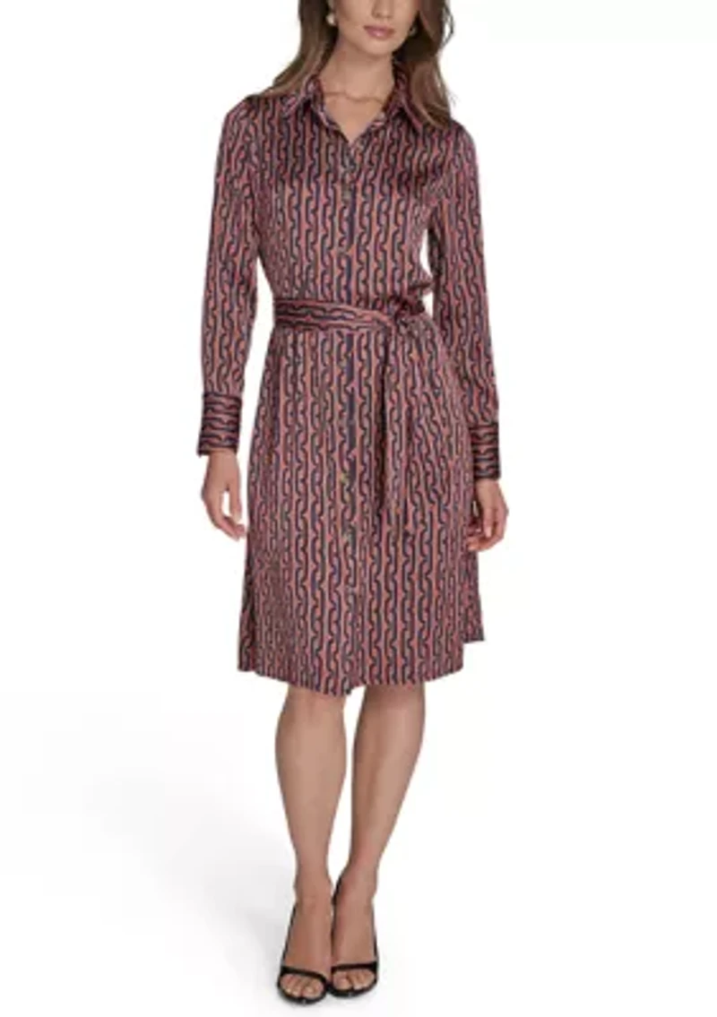 Women's Long Sleeve Collar Neck Printed Shirtdress