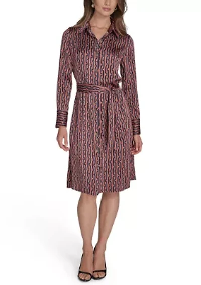 Women's Long Sleeve Collar Neck Printed Shirtdress