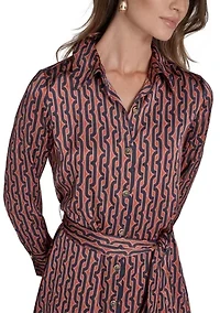Women's Long Sleeve Collar Neck Printed Shirtdress
