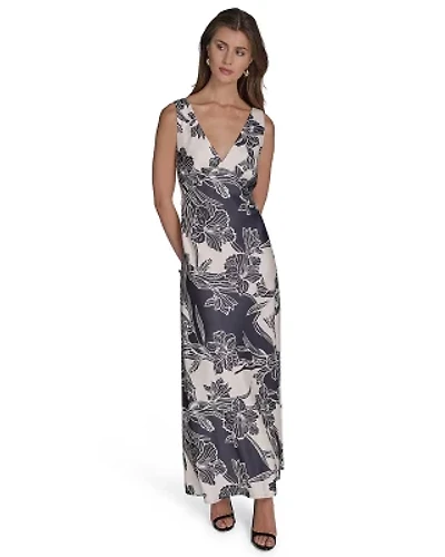 SLEEVLESS PRINTED V NECK MAXI