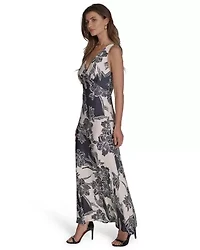 SLEEVLESS PRINTED V NECK MAXI