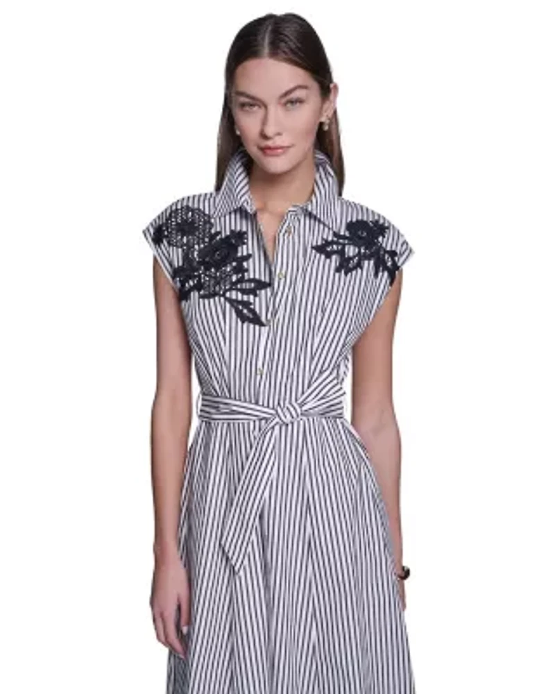 Stripped Shirt Dress With Embroidery