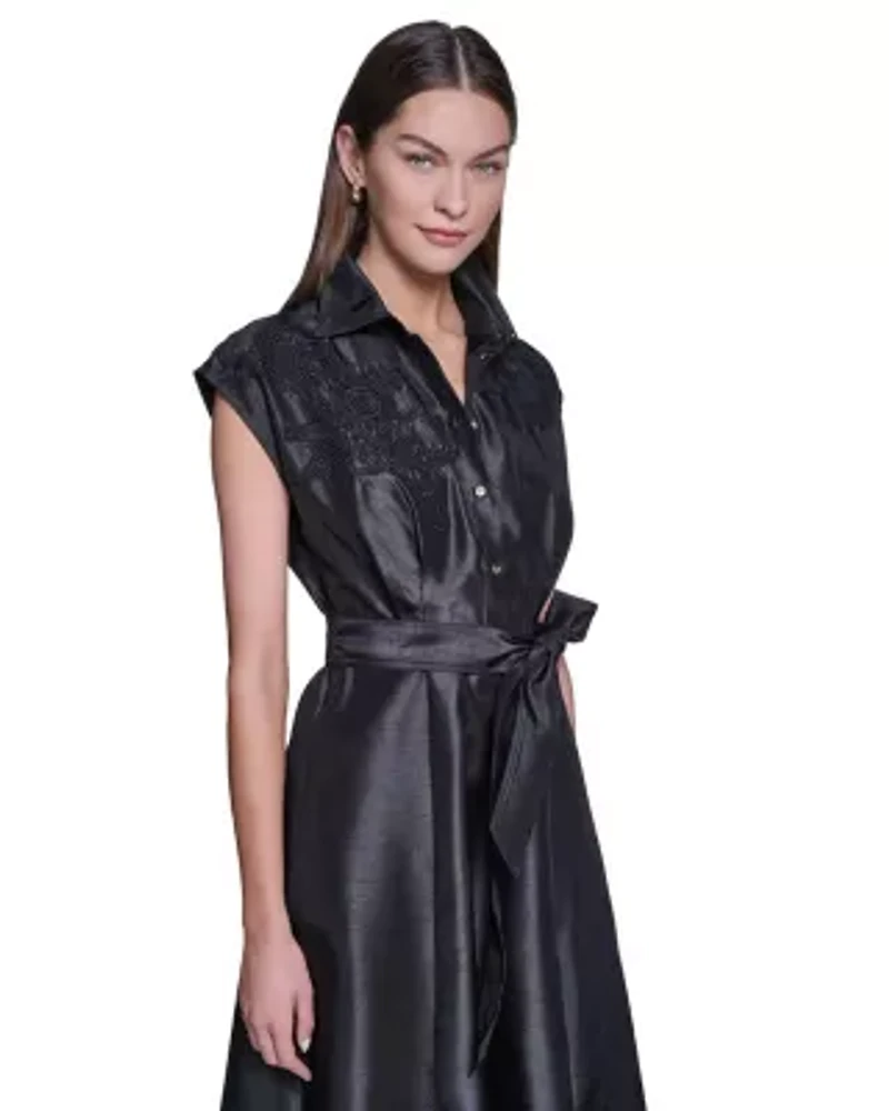 CAP SLEEVE SHIRT DRESS WITH EMBROIDERY