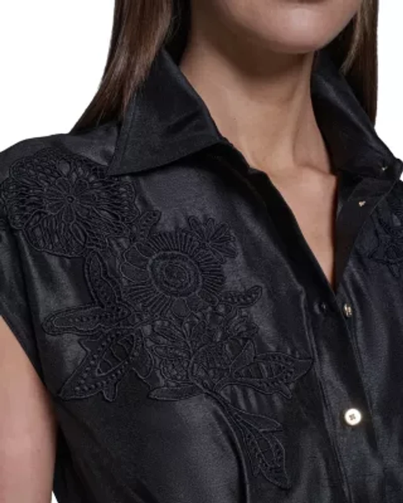 CAP SLEEVE SHIRT DRESS WITH EMBROIDERY