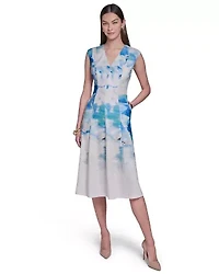 Cap Sleeve Midi Printed Fit & Flare Dress